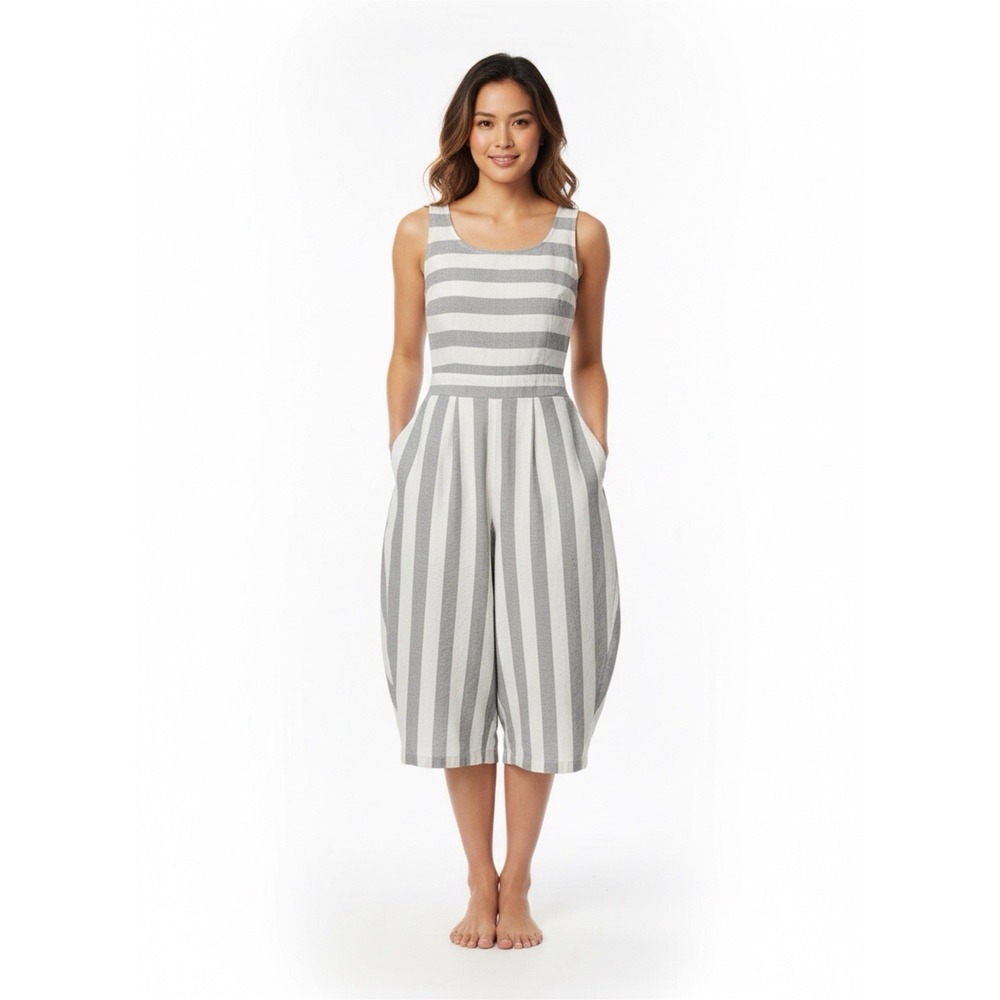 Gray White Striped Sleeveless Wide-Leg Square Neck Women's Jumpsuit